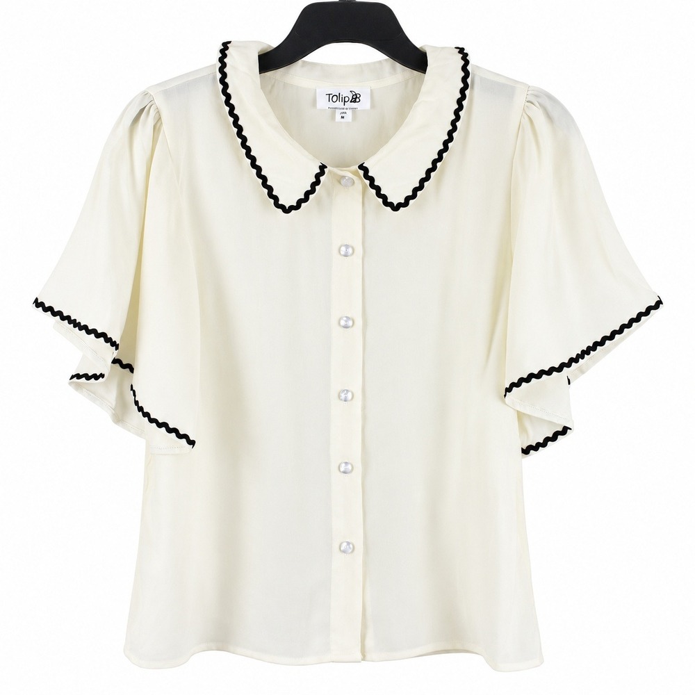 Tulip B Womens Cream Peter Pan Collar Ric Rac Trim Flutter Sleeve Blouse Medium